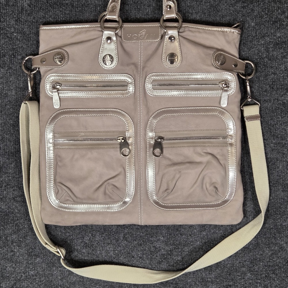 Hogan Genuine Leather Crossbody Tote Bag Beige Taupe Multi Pocket Designer Purse